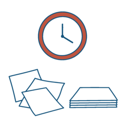 時計と、整っていく書類のイラスト