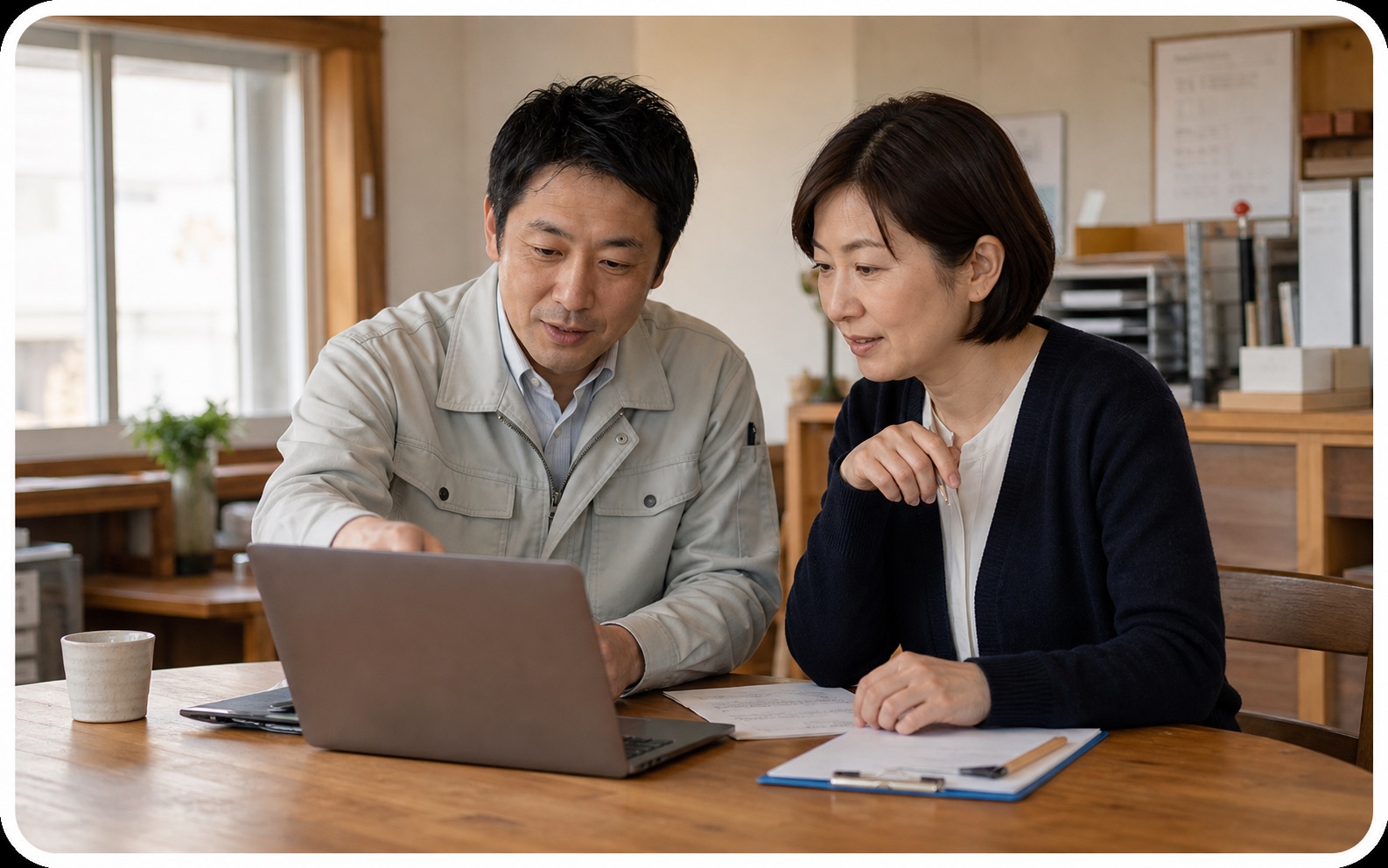 小さな会社の業務改善について相談している様子
