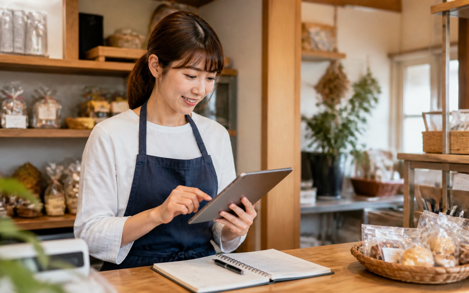 店舗でタブレットを使って日々の業務を確認している様子